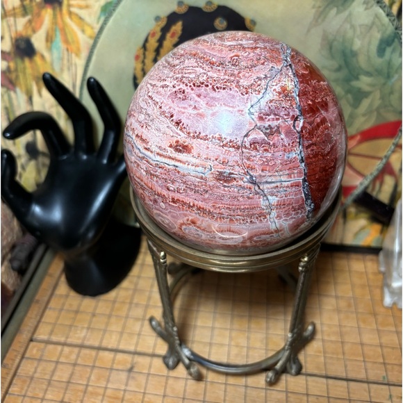 Polished Marble Stone Sphere 4.25”D w Metal Display Stand Pink Red Orange Shades - Picture 8 of 8